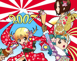 Rule 34 | 00s, 2007, 3girls, denden, female focus, hanetsuki, hatsuyume, japanese clothes, kimono, mount fuji, multiple girls, new year, rising sun flag, sunburst