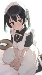 Rule 34 | 1girl, absurdres, alternate costume, apron, black dress, black hair, blush, breasts, cellphone, collared dress, dress, enmaided, frilled apron, frills, gradient hair, green eyes, green hair, hair between eyes, highres, looking at viewer, love live!, love live! nijigasaki high school idol club, maid, maid apron, maid headdress, multicolored hair, open mouth, phone, ribbon, short sleeves, sidelocks, simple background, sitting, small breasts, smartphone, solo, takasaki yu, tata (tataice), twintails, two-tone hair, white apron, white background, white ribbon