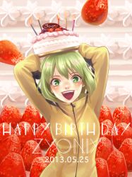 Rule 34 | 10s, 1girl, :d, bad id, bad pixiv id, blonde hair, bruce lee&#039;s jumpsuit, cake, dated, food, fruit, green eyes, green hair, happy birthday, huang baoling, looking at viewer, matching hair/eyes, object on head, open mouth, short hair, smile, solo, strawberry, tiger &amp; bunny, yamadamaru