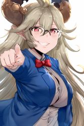 Rule 34 | 1girl, ahoge, blazer, blue jacket, blush, bow, breasts, buttons, commentary, ears visible through hair, glasses, granblue fantasy, grey hair, grin, hair between eyes, hews, highres, horns, jacket, large breasts, long hair, looking at viewer, pointing, pointy ears, red bow, red eyes, red neckwear, smile, solo, threo (granblue fantasy), upper body, white background