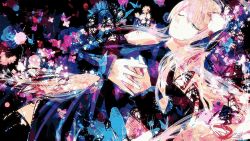 Rule 34 | 1girl, black dress, bug, butterfly, butterfly hair ornament, closed eyes, closed mouth, commentary, dress, flower, hair ornament, hairband, highres, insect, long hair, long sleeves, lying, megurine luka, on back, own hands together, palette (vocaloid), pink hair, solo, splatter, thighhighs, unf (unotfound 404), vocaloid