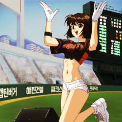 Rule 34 | 1girl, baseball stadium, brown hair, building, cheerleader, korean text, lotte giants, shorts, white shorts