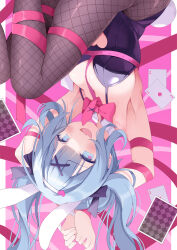 Rule 34 | 1girl, animal ears, armpits, arms up, bare shoulders, black leotard, blue eyes, blue hair, bound, bound wrists, bow, bowtie, breasts, brown pantyhose, card, chest harness, clothing cutout, commentary, cutout above navel, detached collar, fake animal ears, fake tail, fang, fishnet pantyhose, fishnets, hair bow, hair ornament, hairband, hairclip, harness, hatsune miku, heart cutout, highleg, highleg leotard, hoshino koucha, leotard, long hair, looking at viewer, medium breasts, open mouth, pantyhose, playboy bunny, playing card, rabbit ears, rabbit hole (vocaloid), rabbit tail, smile, solo, spaghetti strap, tail, thighs, twintails, upside-down, vocaloid, white hairband, x hair ornament