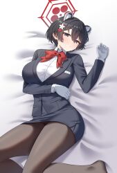 Rule 34 | 1girl, animal ears, bed, black hair, black jacket, black skirt, blue archive, blue eyes, blush, bow, bowtie, breasts, brown pantyhose, buttons, closed mouth, collared shirt, flower, gloves, hair between eyes, hair flower, hair ornament, halo, hand up, highres, jacket, kadokadokado, lapels, large breasts, long sleeves, looking at viewer, lying, miniskirt, no shoes, on back, on bed, pantyhose, raccoon ears, raccoon girl, red bow, red bowtie, red flower, red halo, shirt, short hair, skirt, solo, tsubaki (blue archive), white flower, white gloves, white shirt