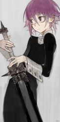 Rule 34 | 1other, absurdres, androgynous, black dress, buttons, closed mouth, collared dress, crona (soul eater), dress, grey background, hair between eyes, highres, holding, holding sword, holding weapon, light frown, long sleeves, looking ahead, p (pm 611a), pale skin, purple eyes, purple hair, ragnarok (demon sword), short hair, signature, skinny, solo, soul eater, standing, sword, weapon