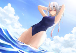 1girl alternate_costume armpits arms_up blue_one-piece_swimsuit blue_sky breasts closed_mouth cloud cloudy_sky commentary cowboy_shot day dutch_angle hair_between_eyes hands_in_hair highres hololive horns long_hair looking_at_viewer medium_breasts multicolored_hair nakiri_ayame ocean one-piece_swimsuit outdoors red_eyes red_hair school_swimsuit silver_hair skin-covered_horns sky smile solo streaked_hair sunlight swimsuit thighs toi1et_paper two-tone_hair virtual_youtuber wading wet