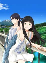 Rule 34 | 2girls, bare shoulders, black hair, bridge, collarbone, denim, dress, flying witch, green eyes, grin, hand in own hair, highres, ishizuka chihiro, jeans, jewelry, kazuno sayo, kowata makoto, landscape, long hair, looking at viewer, multiple girls, necklace, outdoors, pants, patterned clothing, river, smile, sundress, tank top, white dress