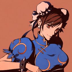 Rule 34 | 1girl, bracelet, brown background, brown eyes, brown hair, capcom, chinese clothes, chun-li, close-up, double bun, hair bun, jewelry, light smile, looking at viewer, moshimoshibe, simple background, solo, spiked bracelet, spikes, street fighter