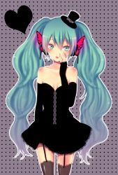 Rule 34 | 1girl, aqua eyes, aqua hair, bad id, bad pixiv id, bare shoulders, black dress, butterfly hair ornament, butterfly wings, dress, elbow gloves, fingerless gloves, garter straps, gloves, hair ornament, hat, hatsune miku, headphones, insect wings, long hair, magnet (vocaloid), midorikawa you, mini hat, mini top hat, solo, thighhighs, top hat, twintails, vocaloid, wings, zettai ryouiki