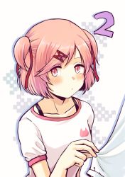 Rule 34 | 1girl, blush, cappuccino1, casual, clothes grab, collarbone, doki doki literature club, eyes visible through hair, hair ornament, hair ribbon, hairclip, natsuki (doki doki literature club), pink eyes, pink hair, red ribbon, ribbon, shirt, short hair, short sleeves, simple background, sleeve grab, sleeve pull, solo focus, swept bangs, teeth, two side up, upper teeth only, white background, white shirt