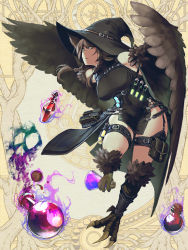 Rule 34 | 1girl, beaker, bird legs, black dress, black hat, bottle, braid, breasts, brown background, brown hair, character request, claws, dairoku ryouhei, dress, feathered wings, full body, harpy, hat, hetza (hellshock), holding, large breasts, long hair, looking at viewer, magic, monster girl, parted lips, potion, pouch, sleeveless, sleeveless dress, solo, test tube, thigh strap, twin braids, winged arms, wings, witch hat, yellow eyes