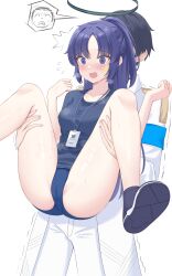 Rule 34 | 1boy, 1girl, absurdres, armband, doodle sensei (blue archive), blue archive, blush, buruma, cameltoe, carrying, facial mark, flying sweatdrops, gym uniform, half updo, highres, id card, kyujuukyu, lanyard, long hair, open mouth, parted bangs, purple eyes, purple hair, reverse suspended congress, sensei (blue archive), sex from behind, shirt, shoes, sneakers, spread legs, star (symbol), star facial mark, sweat, t-shirt, thighs, very long hair, yuuka (blue archive), yuuka (track) (blue archive)