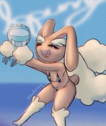 Rule 34 | 1girl, :3, animal nose, arms up, ball, bare shoulders, barefoot, bikini, black bikini, blue background, body fur, breasts, brown fur, buck teeth, character name, chromatic aberration, clothed pokemon, creatures (company), day, english text, female focus, furry, furry female, game freak, gen 4 pokemon, half-closed eyes, happy, highres, horizon, jumping, legs, long ears, lopunny, navel, nintendo, open mouth, outdoors, outstretched arms, playing sports, pokemon, pokemon (creature), rabbit ears, rabbit girl, rabbit tail, red eyes, small breasts, smile, solo, string bikini, swimsuit, teeth, text background, thighs, tomathepolliwog, tongue, two-tone fur, volleyball (object), yellow fur