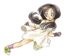 Rule 34 | 1girl, :o, black hair, blue eyes, dragon ball, dragonball z, female focus, flying, full body, gloves, green footwear, long hair, looking away, open mouth, shirt, shoes, simple background, socks, solo, tkgsize, twintails, videl, white background, white shirt