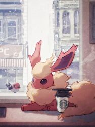Rule 34 | arc draws, bird, coffee cup, commentary request, creatures (company), cup, day, disposable cup, flareon, fletchling, game freak, gen 1 pokemon, gen 6 pokemon, highres, indoors, lying, nintendo, no humans, on stomach, pokemon, pokemon (creature), starbucks, twitter username, window, yellow fur