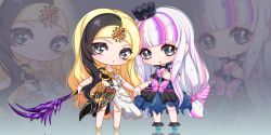 Rule 34 | 2girls, :&lt;, absurdres, bai guangying (ye luoli), black dress, black eyes, black hair, blonde hair, blunt bangs, chibi, crown, doll joints, dress, dual persona, full body, gear hair ornament, grey background, highres, holding, holding hands, holding weapon, joints, kumu zaisheng, long hair, mini crown, multicolored hair, multiple girls, parted bangs, pink hair, split-color hair, streaked hair, weapon, white hair, ye luoli, zoom layer