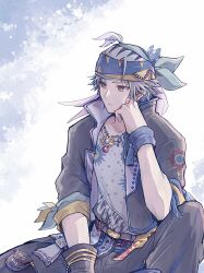 Rule 34 | 1boy, arm ribbon, black jacket, black pants, brown eyes, closed mouth, cowboy shot, earrings, final fantasy, final fantasy vi, grey hair, hand on own face, head scarf, highres, jacket, jewelry, locke cole, male focus, multicolored clothes, multicolored headwear, pan ff6, pants, popped collar, print shirt, ribbon, shirt, short hair, sitting, sleeves rolled up, waist sash, wristband