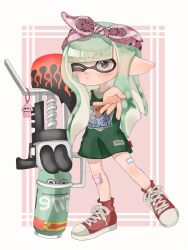 Rule 34 | 1girl, absurdres, bandaid, bandaid on leg, basketball jersey, blaster (splatoon), border, bow, bow hairband, closed mouth, commentary, cross-laced footwear, eyebrows hidden by hair, full body, green hair, grey eyes, gun, hair bow, hairband, highres, holding, holding gun, holding weapon, inkling, inkling girl, inkling player character, lemo (lemo 4), long hair, nintendo, one eye closed, outside border, pointy ears, reaching, reaching towards viewer, red background, red bow, red footwear, red hairband, shoes, solo, splatoon (series), splatoon 3, standing, standing on one leg, tentacle hair, thick eyebrows, weapon, white border