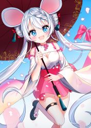 Rule 34 | 1girl, :d, absurdres, animal ears, bad id, bad pixiv id, black footwear, blue eyes, blush, bow, breasts, brown umbrella, chinese zodiac, cleavage, cleavage cutout, clothing cutout, commentary request, detached sleeves, double bun, hair bun, heart o-ring, highres, holding, holding umbrella, long hair, long sleeves, looking at viewer, mamel 27, medium breasts, mouse ears, mouse girl, mouse tail, new year, oil-paper umbrella, open mouth, original, petals, pink bow, pink skirt, pleated skirt, red bow, shoes, short eyebrows, silver hair, skirt, smile, solo, standing, standing on one leg, tail, tail bow, tail ornament, thick eyebrows, thigh strap, twintails, umbrella, very long hair, white sleeves, wide sleeves, year of the rat
