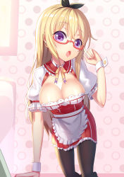 Rule 34 | 1girl, :o, adjusting eyewear, apron, arm support, black pantyhose, blonde hair, blush, breasts, cleavage, cleavage cutout, clothing cutout, glasses, hairband, heart, heart-shaped pupils, highres, large breasts, looking at viewer, maid, maid apron, open mouth, original, pantyhose, purple eyes, red-framed eyewear, ribbon, ririko (zhuoyandesailaer), short sleeves, solo, symbol-shaped pupils, wrist cuffs