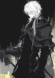 Rule 34 | 1boy, 2consullll, black background, black gloves, blind, closed mouth, gloves, highres, long hair, male focus, original, partially blind, scar, scar across eye, scar on face, solo, sword, twitter username, weapon, white hair