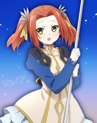 Rule 34 | 1girl, dress, eleanor hume, green eyes, highres, open mouth, polearm, red hair, smile, solo, srssrm, tales of (series), tales of berseria, twintails, weapon