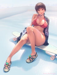 Rule 34 | 1girl, a.x., bikini, breasts, brown hair, cleavage, day, highres, jacket, jewelry, knee up, large breasts, legs, lips, looking at viewer, navel, necklace, off shoulder, original, outdoors, red bikini, sandals, sitting, skateboard, solo, swimsuit, toes