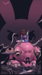 Rule 34 | 1girl, ass, bad id, bad pixiv id, bodysuit, bottle, brown hair, character name, clothes writing, d.va (overwatch), facial mark, facing away, from behind, gloves, headphones, highres, holding, holding bottle, jn3, mecha, meka (overwatch), overwatch, overwatch 1, pilot suit, road sign, robot, sign, sitting, sitting on object, skin tight, solo, sponser, whisker markings, white gloves