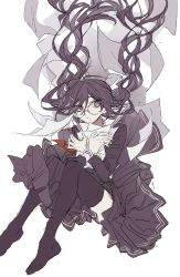 Rule 34 | 1girl, cuts, danganronpa: trigger happy havoc, danganronpa (series), eyes visible through hair, fe (chl), floating, floating hair, flying paper, fukawa toko, glasses, hair between eyes, hair ornament, hair undone, hairclip, hairpin, highres, injury, long hair, long sleeves, mole, mole under mouth, no shoes, hugging object, paper, pleated skirt, purple hair, round eyewear, school uniform, simple background, skirt, solo, thighhighs, white background