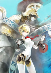 Rule 34 | 1girl, absurdres, aegis (persona), aiming, aiming at viewer, android, athena (megami tensei), bana (stand flower), blonde hair, blue background, blue eyes, bow, hairband, helmet, highres, looking at viewer, mechanical parts, persona, persona 3, plume, pointing, pointing at viewer, polearm, shield, short hair, simple background, spear, weapon, white background