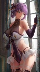 Rule 34 | 1girl, breasts, brown thighhighs, chrysa ( sa0ru), cleavage, cowboy shot, curtains, elbow gloves, gloves, green eyes, hair rings, highres, indoors, large breasts, leotard, looking away, looking to the side, lume sangria (chrysa), original, parted lips, purple hair, short hair, solo, standing, thighhighs, unfinished, window