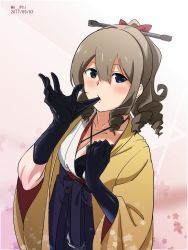Rule 34 | 1girl, bad id, bad pixiv id, black gloves, blush, bow, breasts, cherry blossoms, cleavage, collarbone, dated, drill hair, drill sidelocks, glove in mouth, glove pull, gloves, gradient background, hair bow, hakama, hakama skirt, halterneck, hatakaze (kancolle), highres, japanese clothes, kantai collection, kimono, kimono pull, lips, looking at viewer, meiji schoolgirl uniform, mouth hold, open clothes, open kimono, pink background, red bow, sidelocks, skirt, solo, twitter username, vi3r6ein