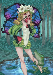 Rule 34 | 1girl, apple, blonde hair, braid, flower, food, forest, frog, fruit, hair ornament, harmaline, highres, lily pad, mercedes (odin sphere), nature, odin sphere, pointy ears, puff and slash sleeves, puffy sleeves, red eyes, skinny, solo, twin braids, water, wings