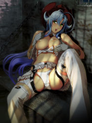 Rule 34 | 1girl, 3d, antenna hair, bare shoulders, blue hair, breasts, clothes pull, cowboy hat, cowboy western, franco il nero, fringe trim, gloves, green eyes, hat, highres, large breasts, long hair, midriff, nipples, nishii (damnedrive), nitroplus, non-web source, open mouth, panties, shirt pull, solo, spread legs, sweat, thighhighs, underwear, white panties, zoku satsuriku no django
