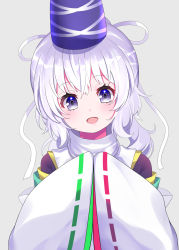 Rule 34 | 1girl, blue eyes, blush, grey background, highres, long hair, long sleeves, looking at viewer, mononobe no futo, open mouth, simple background, smile, solo, touhou, upper body, white hair, yuujin (yuzinn333)