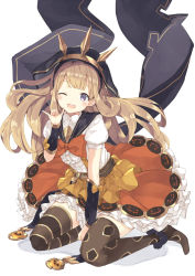 Rule 34 | 10s, 1girl, ;d, a (nanananaaannaa), ankle scrunchie, asymmetrical legwear, bad id, bad pixiv id, belt, between legs, black thighhighs, blonde hair, blunt bangs, blush, bow, bracer, cagliostro (granblue fantasy), cagliostro (halloween) (granblue fantasy), eyebrows, floating hair, granblue fantasy, hairband, halloween, halloween costume, hood, jack-o&#039;-lantern, long hair, looking at viewer, m/, no shoes, one eye closed, open mouth, orange bow, orange skirt, puffy short sleeves, puffy sleeves, purple eyes, scrunchie, shadow, shirt, short sleeves, simple background, sitting, skirt, smile, solo, spikes, striped clothes, striped thighhighs, suspenders, teeth, thighhighs, uneven legwear, wariza, white background, white shirt, zettai ryouiki