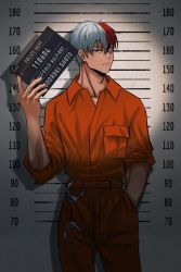 Rule 34 | 1boy, blue eyes, boku no hero academia, burn scar, character name, commentary, cuffs, english commentary, english text, grey eyes, hand in pocket, handcuffs, height chart, height mark, heterochromia, highres, holding, holding sign, jumpsuit, looking at viewer, male focus, mugshot, multicolored hair, orange jumpsuit, prison clothes, red hair, scar, scar on face, sign, solo, split-color hair, teanmoi, todoroki shouto, two-tone hair, white hair
