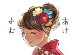 Rule 34 | 1girl, absurdres, bad id, bad twitter id, blush, brown eyes, brown hair, close-up, earrings, floral print, hair bun, hair ornament, half-closed eyes, happy new year, highres, japanese clothes, jewelry, kanzashi, kimono, light smile, matching hair/eyes, naughty face, new year, original, portrait, red kimono, simple background, single hair bun, solo, upper body, white background, yomu (sgt epper)