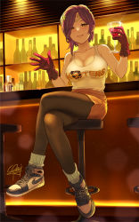 Rule 34 | 1girl, air jordan, air jordan 1, bar (place), bar stool, black pantyhose, bottle, breasts, brown eyes, cleavage, cocktail glass, collarbone, commentary request, crossed legs, cup, drinking glass, fire emblem, fire emblem heroes, gloves, highres, holding, holding cup, hooters, kiran (female) (fire emblem), kiran (fire emblem), kiran (fire emblem) (female), large breasts, looking at viewer, menyoujan, nike (company), nintendo, orange shorts, pantyhose, purple gloves, purple hair, shoes, short hair, shorts, signature, sitting, sleeveless, sneakers, socks, solo, stool, tank top, white socks, white tank top