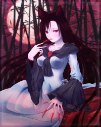 Rule 34 | 1girl, ah-negitorow, animal ears, bamboo, bamboo forest, breasts, brooch, brown hair, capelet, dress, fingernails, forest, full moon, highres, imaizumi kagerou, impossible clothes, jewelry, lips, long fingernails, long hair, long sleeves, moon, nature, open mouth, red eyes, solo, tail, touhou, very long hair, werewolf, wide sleeves, wolf ears, wolf tail
