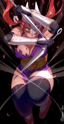 Rule 34 | 1girl, armor, black gloves, black thighhighs, breasts, broken mask, burn scar, cleavage, dual wielding, elbow gloves, fighting stance, fox mask, gloves, greaves, hanny (uirusu chan), highres, holding, jumping, kunai, kunimitsu (tekken), large breasts, long hair, looking at viewer, mask, namco, ninja, obi, one eye covered, orange hair, petals, red thighhighs, reverse grip, sash, scar, scar on face, serious, solo, tabi, tekken, tekken 2, tekken tag tournament 2, thighhighs, torn clothes, twintails, vambraces, weapon, yellow eyes