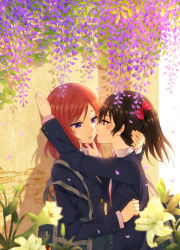 Rule 34 | 10s, 2girls, black hair, blush, bow, coat, hair bow, highres, hug, looking at another, love live!, love live! school idol project, multiple girls, nishikino maki, open mouth, purple eyes, red eyes, red hair, scarf, shared clothes, shared scarf, smile, twintails, yazawa nico, yuri
