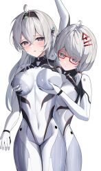 Rule 34 | 2girls, ar-214 (honkai: star rail), arm up, black hairband, blush, bodysuit, breasts, commentary, covered navel, cowboy shot, firefly (ar-26710) (honkai: star rail), firefly (honkai: star rail), glasses, grabbing, grabbing another&#039;s breast, grabbing from behind, grey hair, groping, hair ornament, hairband, hairclip, highres, honkai: star rail, honkai (series), long hair, medium breasts, multiple girls, official alternate costume, parted lips, red-framed eyewear, simple background, symbol-only commentary, twintails, white background, white bodysuit, yeni1871, yuri