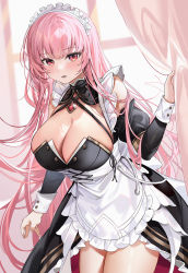 Rule 34 | 1girl, alternate costume, apron, black dress, blush, breasts, cleavage, cowboy shot, curtain grab, curtains, dress, enmaided, frilled apron, frills, hand up, highres, hololive, hololive english, indoors, juliet sleeves, large breasts, long hair, long sleeves, looking at viewer, machi (7769), maid, maid headdress, mori calliope, parted lips, pink eyes, pink hair, puffy sleeves, solo, standing, very long hair, virtual youtuber, white apron