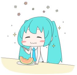 Rule 34 | 1girl, absurdres, aqua hair, aqua necktie, bare shoulders, black skirt, blush stickers, cantaloupe, chibi, closed eyes, commentary, eating, flat color, flower, food, fruit, grey shirt, happy, hatsune miku, hatsune negame, highres, holding, holding spoon, long hair, necktie, plate, shirt, simple background, skirt, sleeveless, sleeveless shirt, solo, sparkle, spoon, twintails, upper body, very long hair, vocaloid, wavy mouth, white background