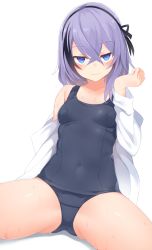 Rule 34 | 1girl, black hair, black hairband, blue eyes, blue one-piece swimsuit, breasts, commentary request, dress shirt, hair between eyes, hairband, highres, kinukawa chinatsu, multicolored hair, one-piece swimsuit, open clothes, open shirt, original, otokuyou, purple hair, school swimsuit, shirt, simple background, small breasts, solo, streaked hair, swimsuit, two-tone hair, white background, white shirt