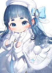 Rule 34 | 1girl, blue eyes, blue hair, blue ribbon, blunt bangs, blush, closed mouth, coat, cropped torso, earrings, finger to cheek, fluffy, gloves, hat, highres, hoshimi cosmos, jacket, jewelry, long coat, long hair, long sleeves, looking at viewer, petite, pointing, pointing at self, ribbon, ryota (ry o ta), scarf, sidelocks, smile, solo, star (symbol), thick eyebrows, virtual youtuber, white jacket, winter clothes