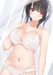 Rule 34 | 1girl, black hair, bra, breasts, collarbone, cowboy shot, curtains, garter straps, highres, kantai collection, large breasts, looking at viewer, osashimisan, panties, red eyes, short hair, solo, takao (kancolle), underwear, underwear only, white bra, white panties