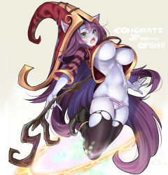 Rule 34 | 1girl, alternate breast size, animal ears, bad id, bad pixiv id, black footwear, black thighhighs, blue skin, blush, boots, breasts, cle masahiro, colored skin, congratulations, crop top, dated, english text, green eyes, hat, holding, holding staff, humanization, large breasts, league of legends, long hair, looking at viewer, lulu (league of legends), navel, open mouth, panties, purple hair, solo, staff, striped clothes, striped panties, thighhighs, torn clothes, torn thighhighs, underboob, underwear, very long hair, yordle