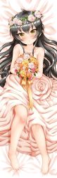 Rule 34 | 1girl, absurdres, bare shoulders, barefoot, bed sheet, black hair, blush, bouquet, brown flower, brown rose, collarbone, commentary request, dakimakura (medium), dress, flower, flower wreath, full body, hair between eyes, head wreath, highres, holding, holding bouquet, idolmaster, idolmaster cinderella girls, long hair, looking at viewer, lying, matoba risa, on back, parted lips, red flower, red rose, regular mow, rose, solo, strapless, strapless dress, very long hair, white dress, white flower, white rose, yellow eyes, yellow flower, yellow rose